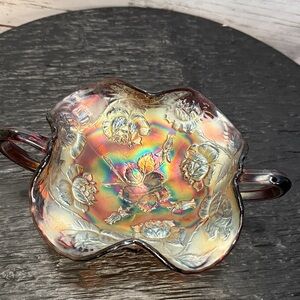 Iridescent Floral Carnival Glass Bowl With Handles Vintage